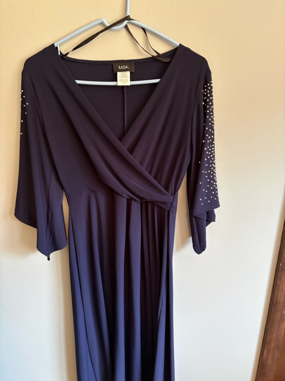 MSK Navy Wrap-Front Long Sleeve Maxi Dress with Beaded Sleeves